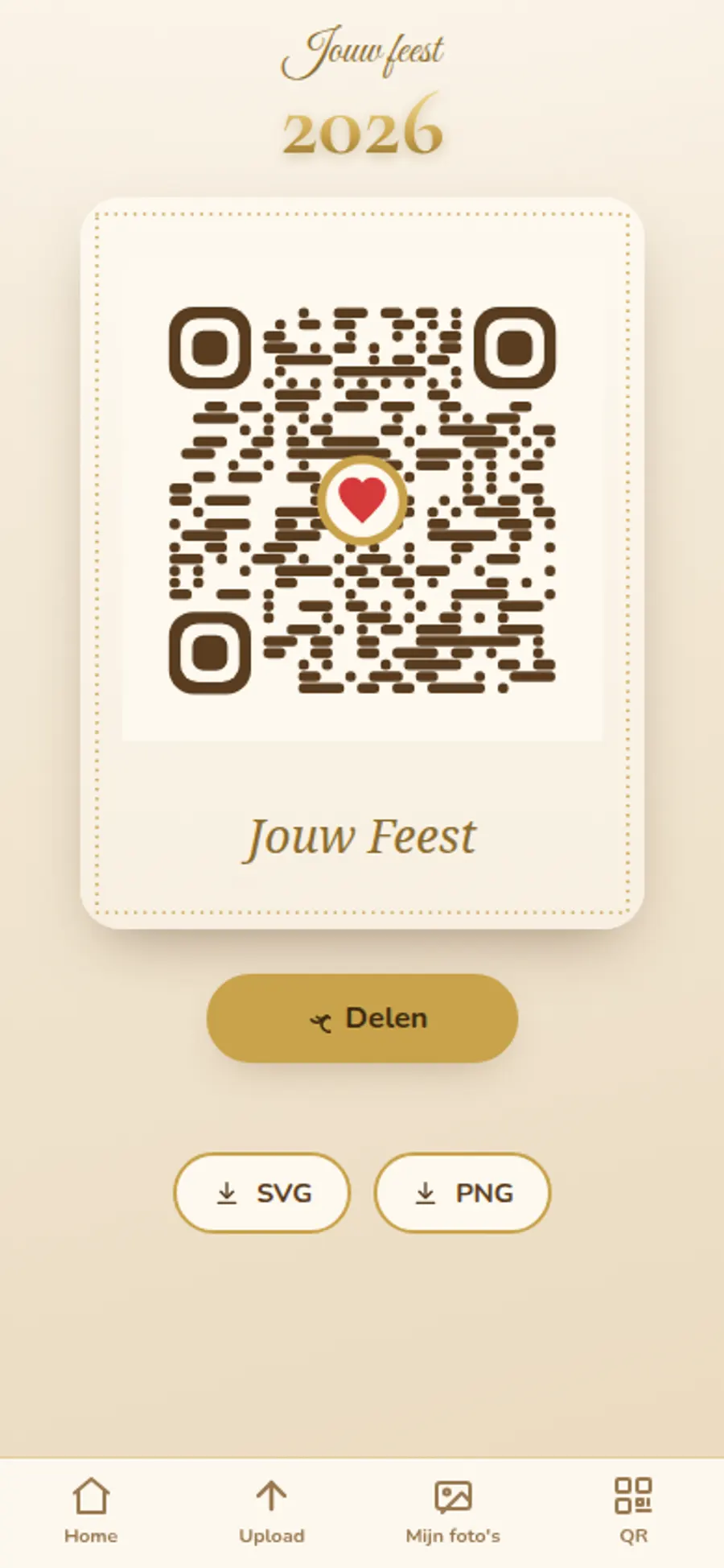 Scherm van fesafotos. met de deel-QR van een feest: een QR-code op een crème kaart, klaar om te scannen.
